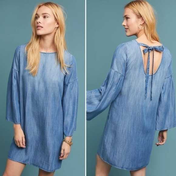 Anthropologie Cloth & Stone Open Back Chambray Tunic Mini Dress - Picture 1 of 8